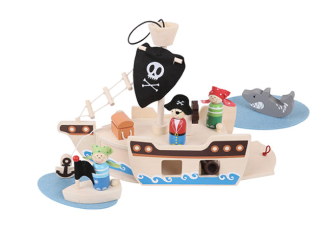 nave dei pirati in legno, idea regalo per amanti dei pirati e dei teschi, pirate ship wooden gift idea for lovers of pirates and skulls, bigjigs toys