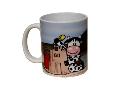 souvenir mug with tower,souvenir sardegna , mucca al mare, costruire castelli di sabbia